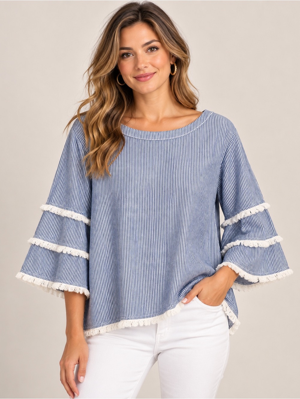 Cynthia Rowley Linen Cotton Blue White Stripe Fringe Bell Sleeve Blouse Plus 1X